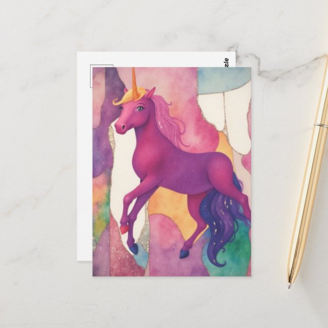 Carte Postale Joli Licorne Violette (Devant/Arrière en situation)