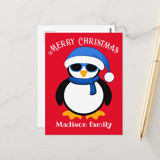 Carte Postale Joli manchot cool Joyeux Noël rouge (Devant/Arrière en situation)