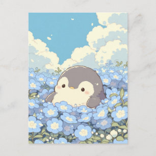 Carte Postale Joli manchot dans la prairie à la fleur bleue