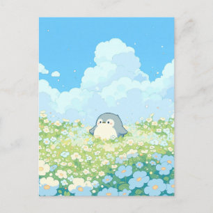 Carte Postale Joli manchot dans une prairie bleue et blanche