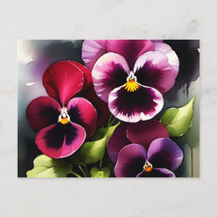 Carte Postale Joli marron noir rouge pansies aquarelle peinture