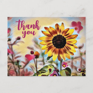Carte Postale Joli Merci de tournesol jaune et de fleurs roses