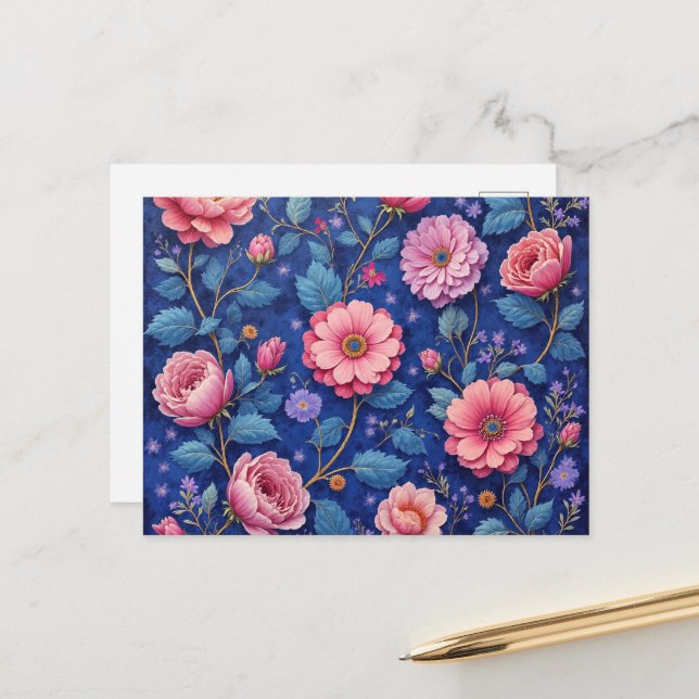 Carte Postale Joli motif floral rose (Devant/Arrière en situation)