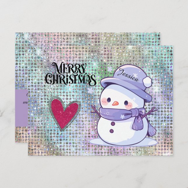 Carte Postale Joli Noël Pastel Snowman Parties scintillant Coeur (Devant / Derrière)