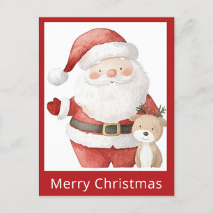 Carte Postale Joli Noël simple aquarelle Père Noël Renne
