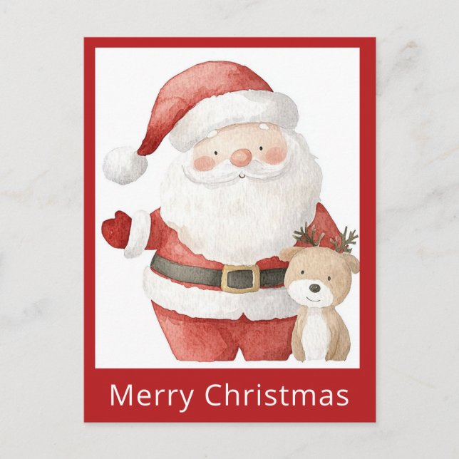 Carte Postale Joli Noël simple aquarelle Père Noël Renne (Devant)