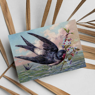 Carte Postale Joli Oiseau Rouge Avalé Bleu Et Jolies Fleurs