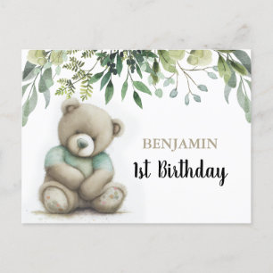 Carte Postale Joli ours en aquarelle pour anniversaire avec feui