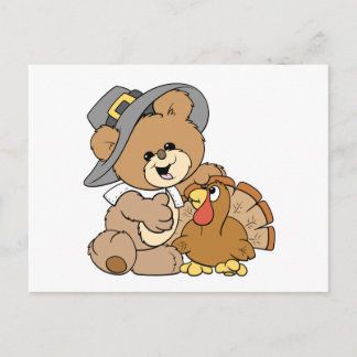Carte Postale joli ours en peluche pèlerin avec dinde