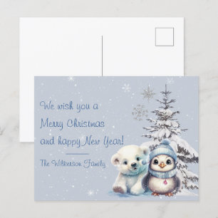 Carte Postale Joli ours polaire et manchot Noël au Pôle Nord