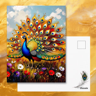 Carte Postale Joli paon bleu et or pour garder contact