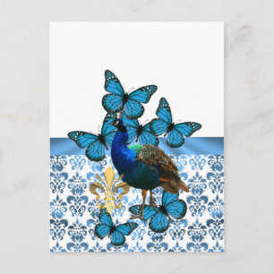Carte Postale Joli paon et papillons bleus