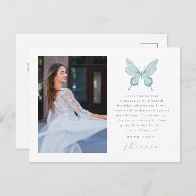 Carte Postale Joli Papillon bleu Photo Quinceanera Merci (Devant / Derrière)