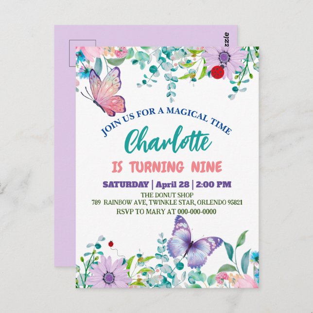 Carte Postale Joli papillon floral à pois Fleur Anniversaire  (Devant / Derrière)