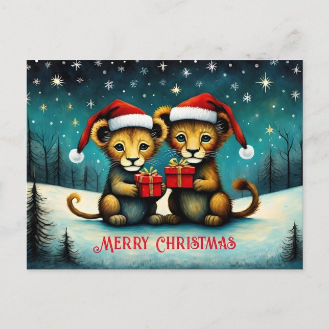 Carte Postale Joli Père Noël bébé Lion neige hiver Noël (Devant)