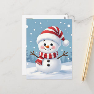 Carte Postale Joli petit bonhomme de neige avec écharpe et chape
