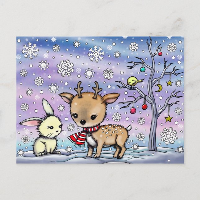 Carte Postale Joli petit cerf et lapin illustrés (Devant)