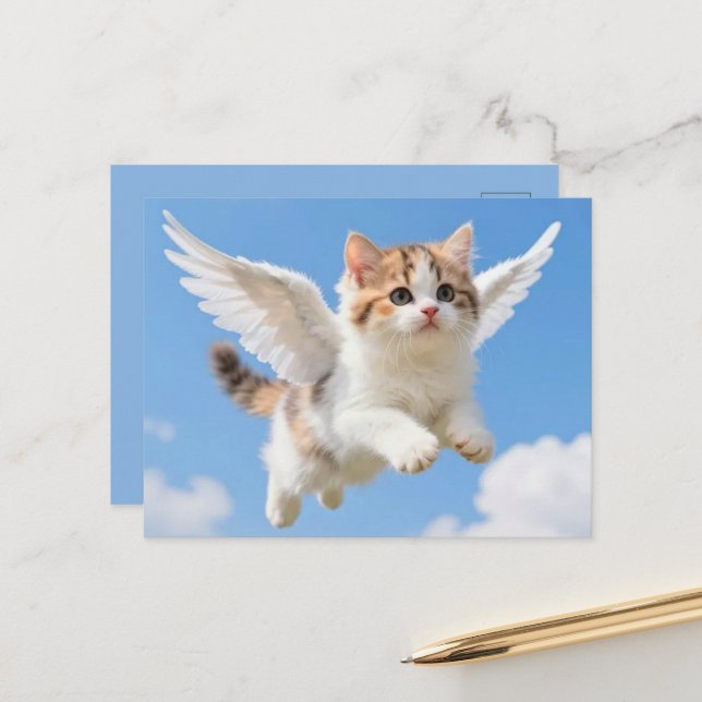 Carte Postale Joli petit chat volant (Devant/Arrière en situation)