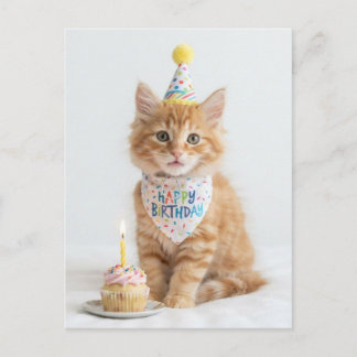 Carte Postale Joli petit chaton avec un cupcake. Joyeux Annivers