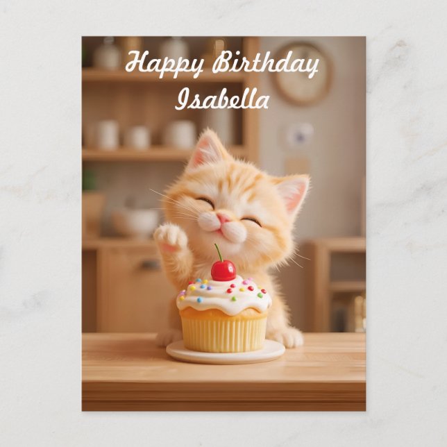Carte Postale Joli petit chaton orange avec un Cupcake (Devant)