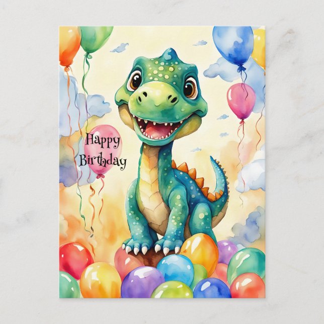 Carte Postale Joli petit dinosaure avec beaucoup de ballons colo (Devant)