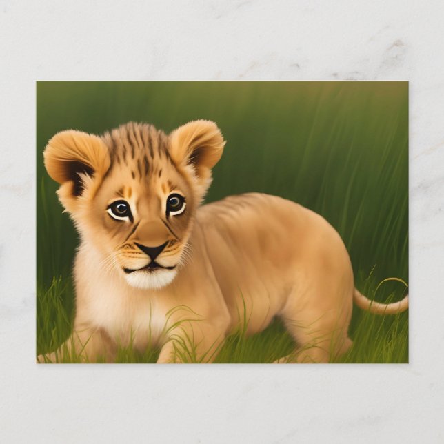 Carte Postale Joli petit lion dans l'herbe (Devant)
