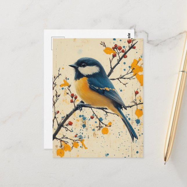 Carte Postale Joli petit oiseau sur une branche (Devant/Arrière en situation)
