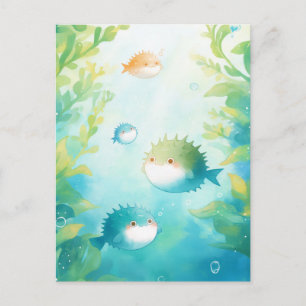 Carte Postale Joli poisson-globe nageant dans des algues vertes