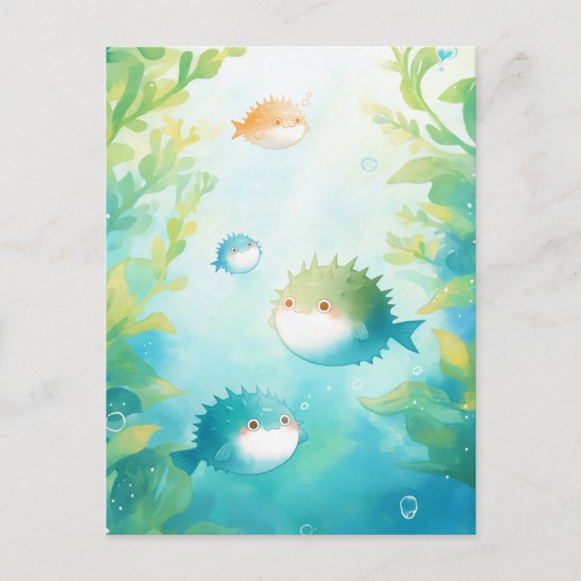 Carte Postale Joli poisson-globe nageant dans des algues vertes (Devant)