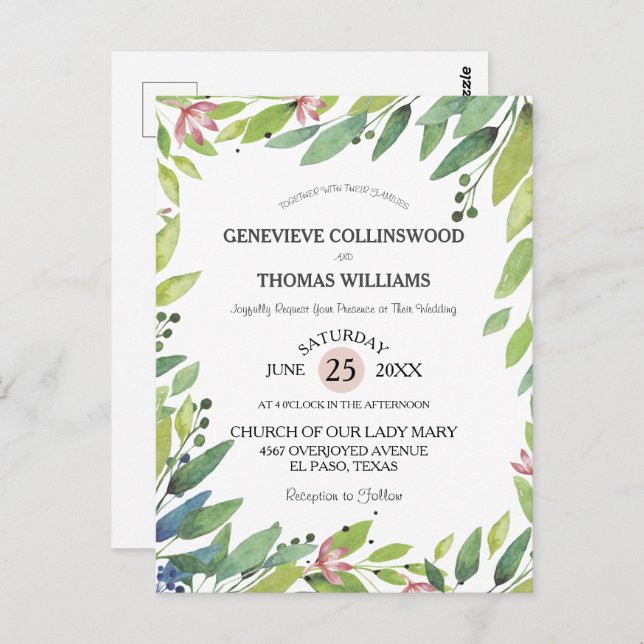 Carte Postale Joli Printemps Botanique Blush Rose Mariage Invita (Devant / Derrière)