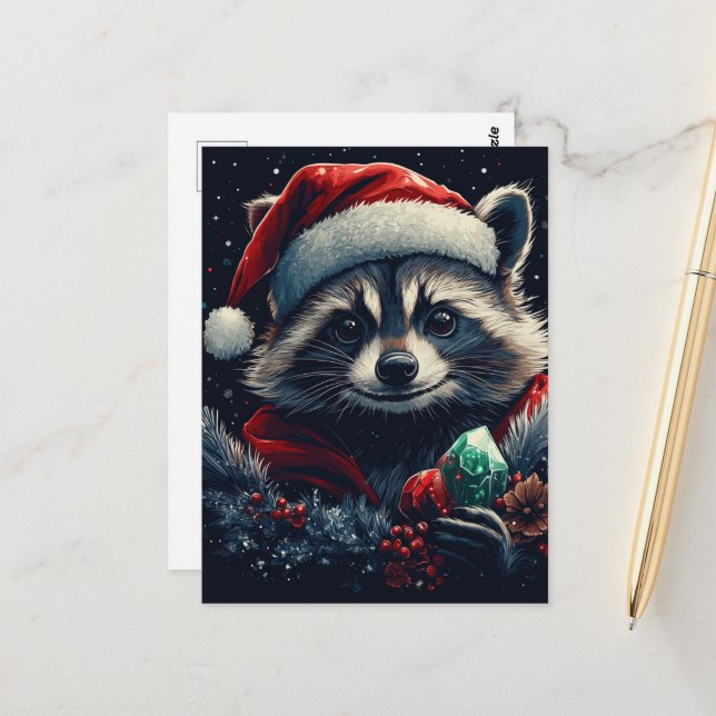 Carte Postale Joli Raccoon de Noël (Devant/Arrière en situation)