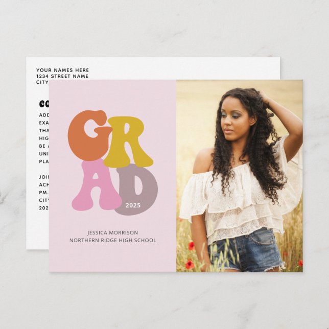 Carte Postale Joli Retro les années 70 Rose Photo Graduation (Devant / Derrière)