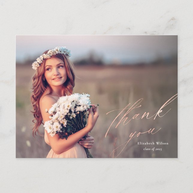 Carte Postale Joli Rose Gold Script Photo Graduation Merci (Devant)