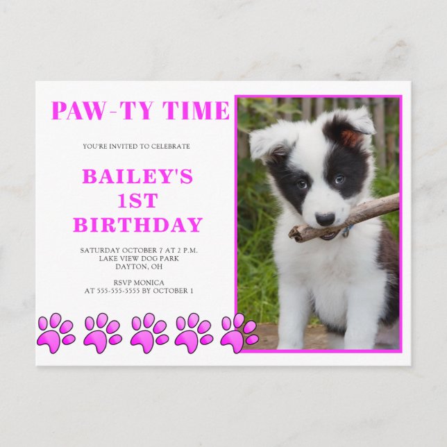 Carte Postale Joli rose rose Pawty Heure Chien Anniversaire Invi (Devant)