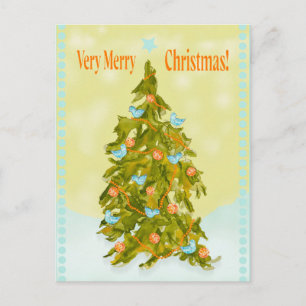 Carte Postale Joli sapin de Noël avec des oiseaux bleus