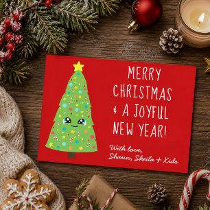 Carte Postale Joli sapin de Noël kawaii dessin animé joyeux Noël