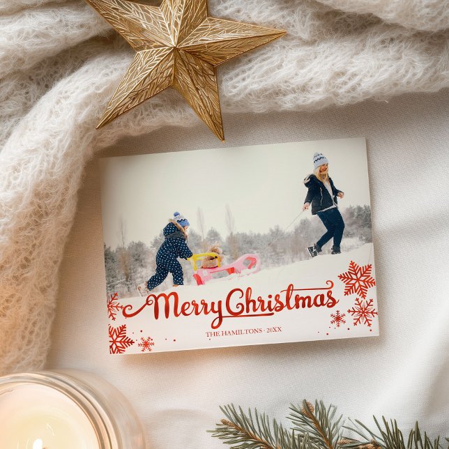 Carte Postale Joli script rouge photo Flocon de neige Noël (Créateur téléchargé)