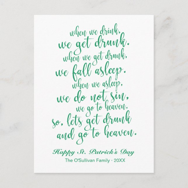 Carte Postale Joli script Toast irlandais St. Patrick's Day (Devant)