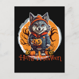 Carte Postale Joli Wolfie avec des Vibes d'Halloween Citrouilles