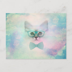 Carte Postale Jolie adorable aquarelle drôle lunettes chaton