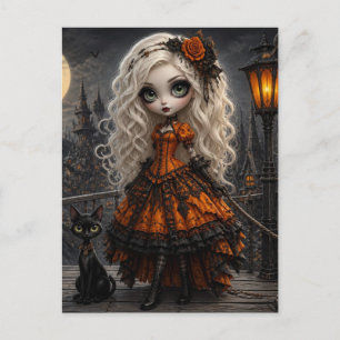 Carte Postale Jolie blonde Halloween et son chat noir