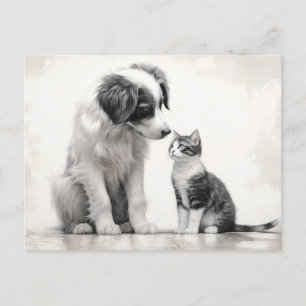 Carte Postale Jolie Bordure Collie & Kitten Amitié