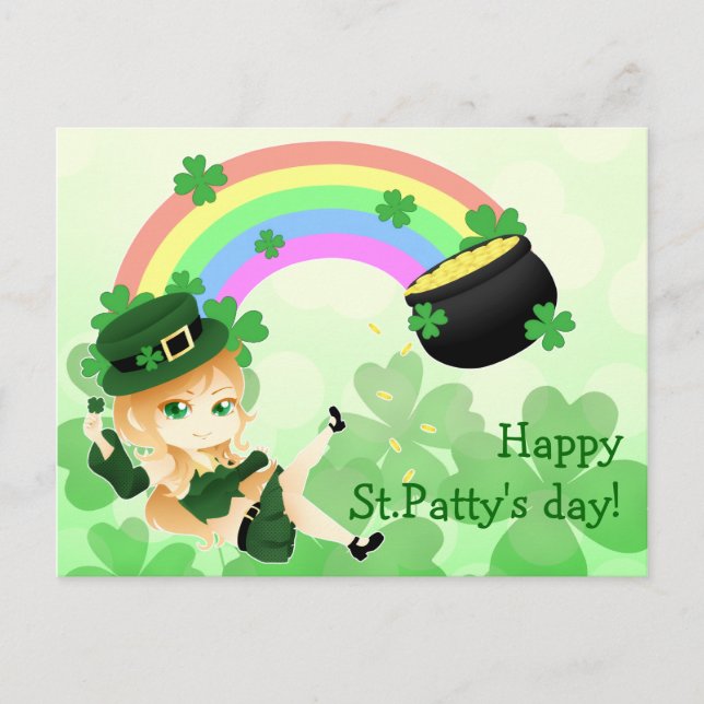 Carte Postale Jolie chibi irlandais leprechaun fille avec pot d' (Devant)