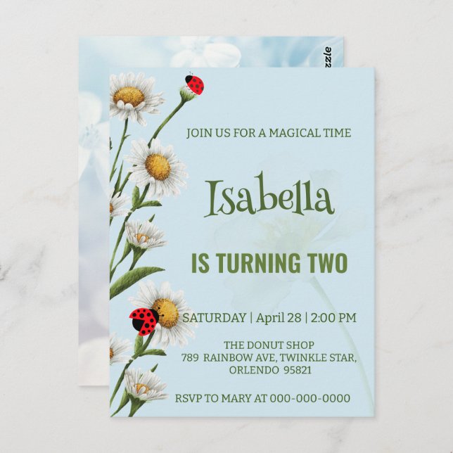 Carte Postale Jolie coccinelle à pois bleu daisy anniversaire en (Devant / Derrière)