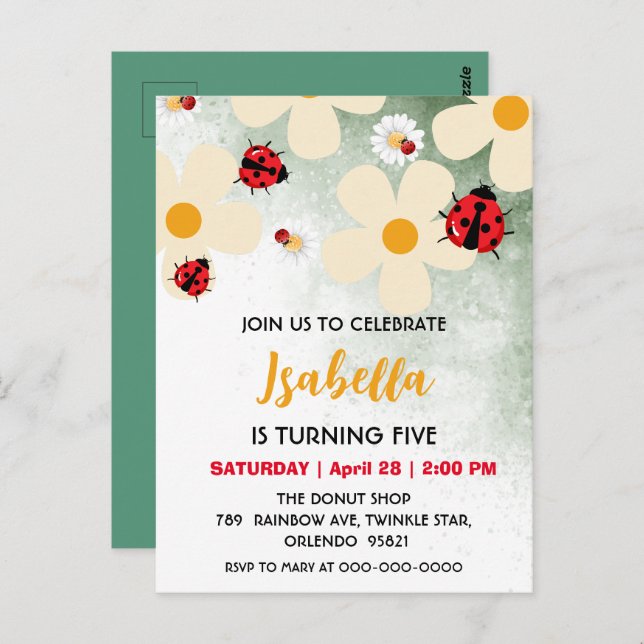 Carte Postale Jolie coccinelle à pois rouge Fleur de marguerite  (Devant / Derrière)