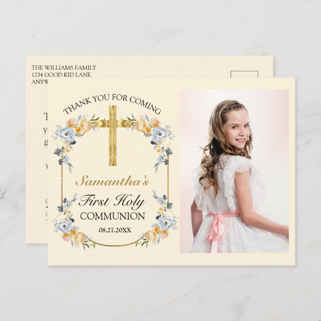 Carte Postale Jolie Communion Solennelle Merci Fleurale en Crème (Devant / Derrière)