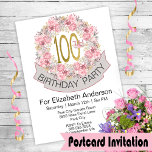 Carte Postale Jolie couronne de fleurs rose 100e anniversaire In<br><div class="desc">Pretty Rose and Grey Watercolor Floral Wreath 100th Birthday Invitation Carte postale Pour les femmes. Il Est Facile De Changer L'Exemple De Texte En Vous Propre En Cliquant Sur Personnaliser. Cliquez Sur Personnaliser Pour Modifier Le Type De Police, La Couleur De Police, La Taille De Police Ou Pour Ajouter/Supprimer/Modifier Le...</div>