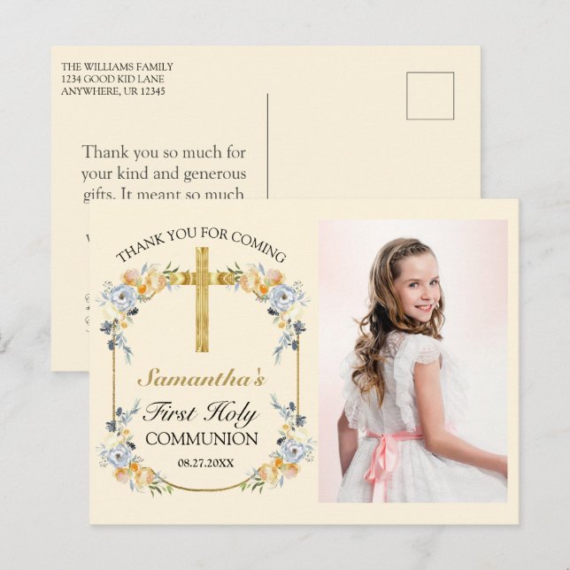 Carte Postale Jolie crème au beurre Floral Saint Communion Merci (Devant / Derrière)