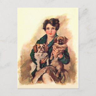 Carte Postale Jolie Dame avec Chiens Pékinois