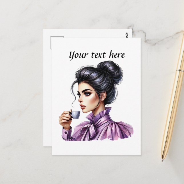 Carte Postale Jolie dame de café ajouter du texte (Devant/Arrière en situation)